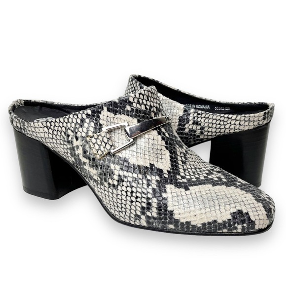 ASOS Reptile Snakeskin Mules 40 9.5 black white neutral  square toe shoes heels - Picture 1 of 13